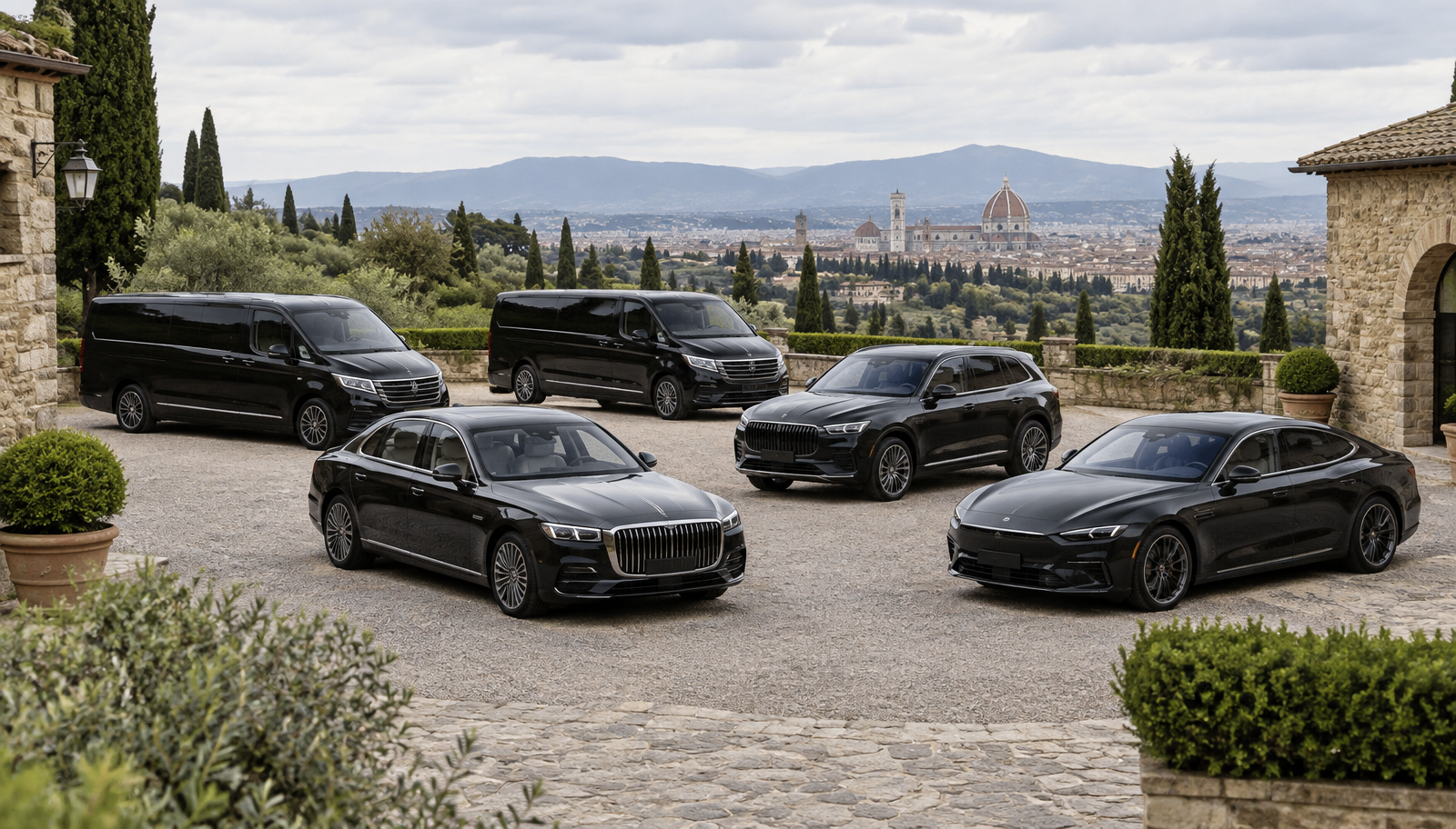 Flotta NCC Firenze con minivan 9 posti e auto di rappresentanza sulle colline toscane