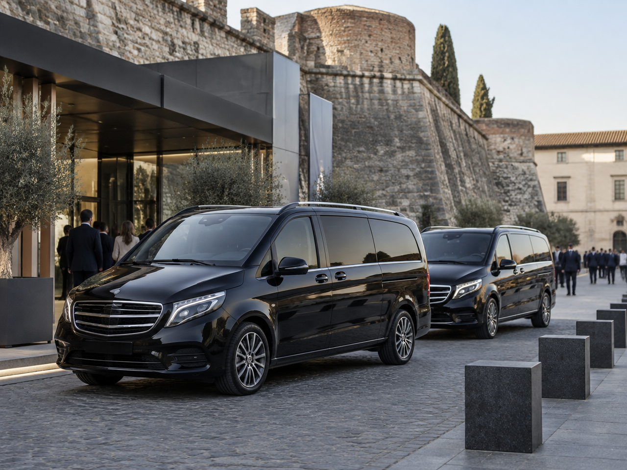 Navetta eventi Firenze con minivan davanti alla Fortezza da Basso
