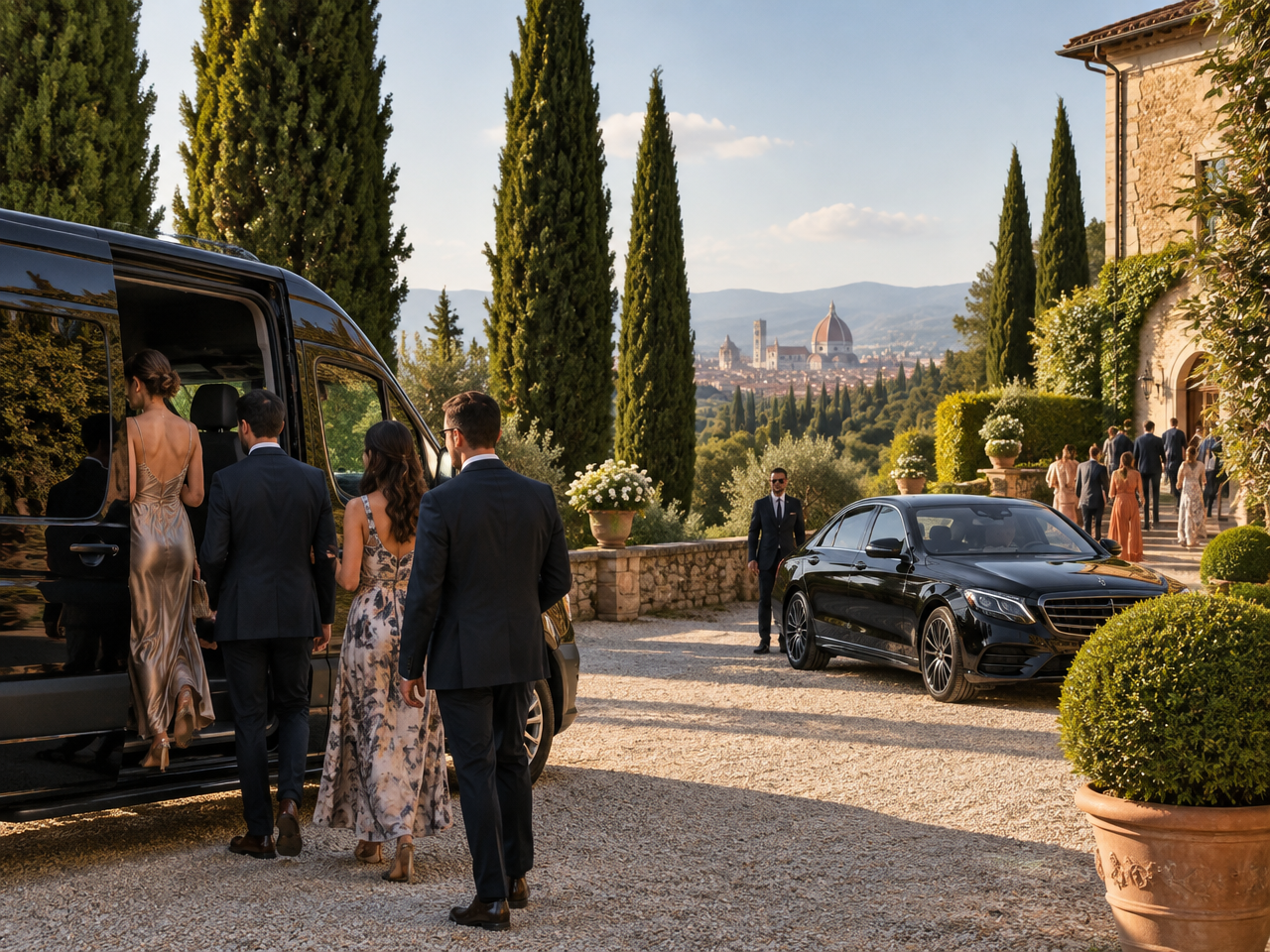 Transfer matrimonio Toscana con minivan e berlina per gli ospiti di una villa